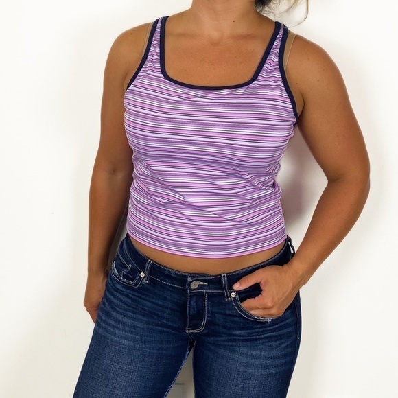 NIKE Dri-Fit Striped High Neck Square Neck Cropped Athletic Tank Top Sports Bra - Picture 1 of 5